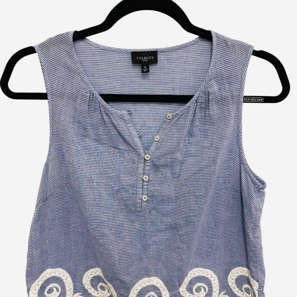 Talbots blue white striped top with embroidery and scalloped hem spring summer - Picture 2 of 11